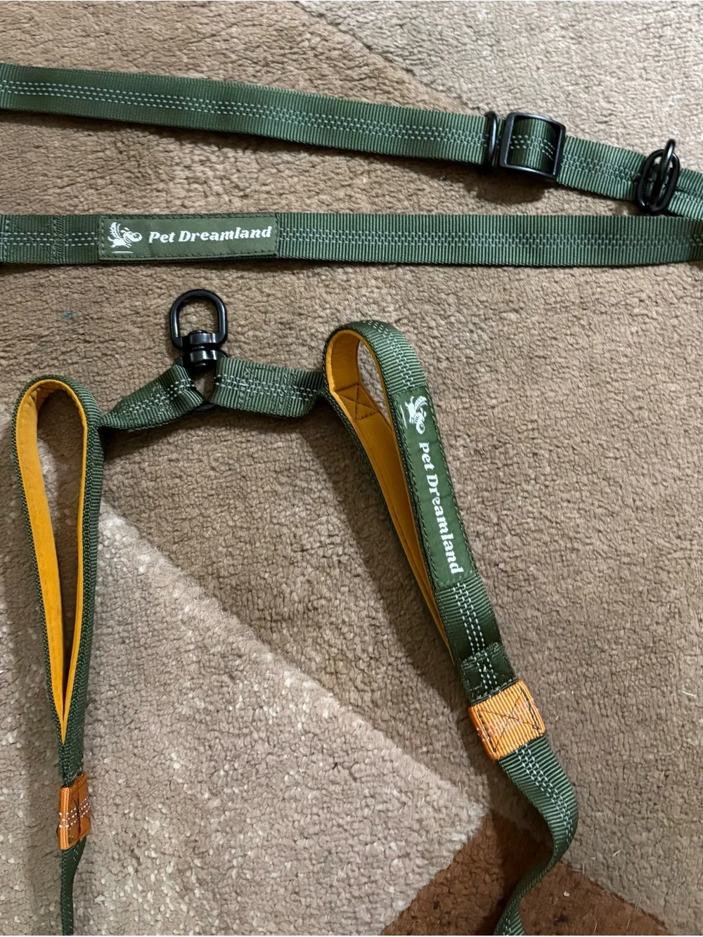 Olive Green & Orange Hands-Free Walk 2 Dogs Leash